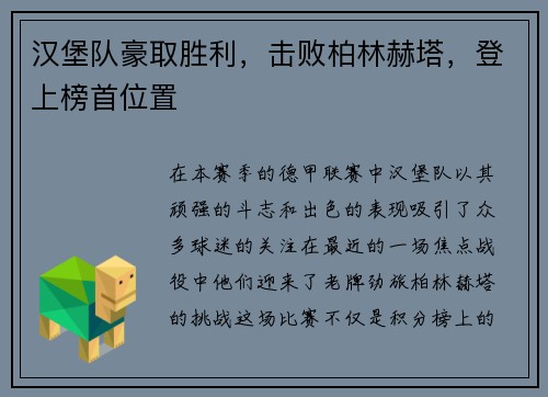汉堡队豪取胜利，击败柏林赫塔，登上榜首位置